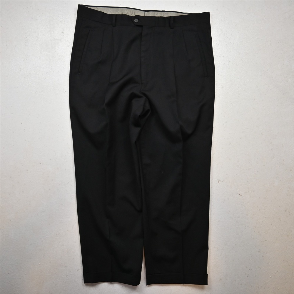 Vtg Italy Bios 36x28 Black Wool Pleated Cuffed High Waist Baggy Dress Mens Pants